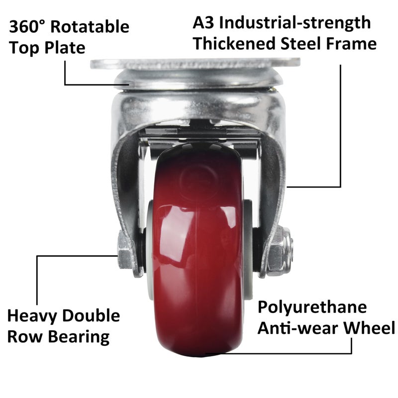 Finnhomy 3 Inch Caster Wheels Set of 4 with Brake Heavy Duty Plate Swivel Casters Premium Polyurethane Wheels PU Load Bearing 2,200 Lbs Lockable Anti-wear Smooth Casters Red - Image 2